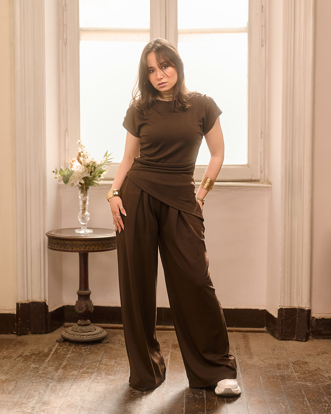 Minimal Draped Tee & Palazzo Matching Set (M261440)