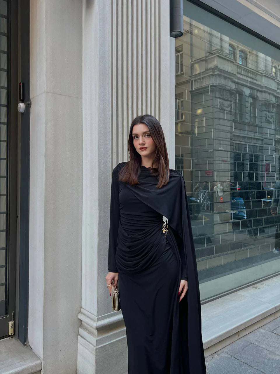 Midnight Cape-Sleeve Gathered Maxi Dress (D4236)