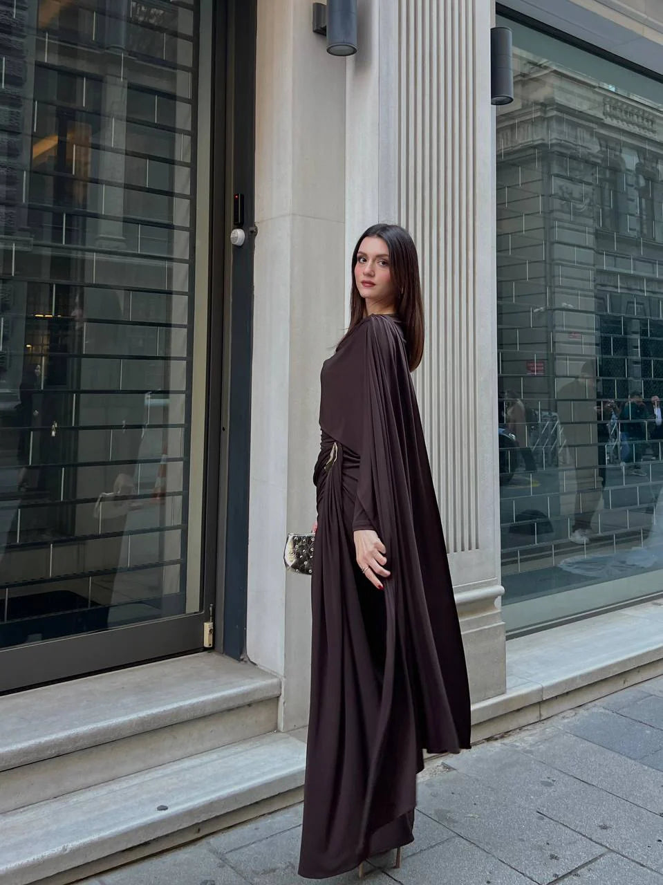 Midnight Cape-Sleeve Gathered Maxi Dress (D4236)