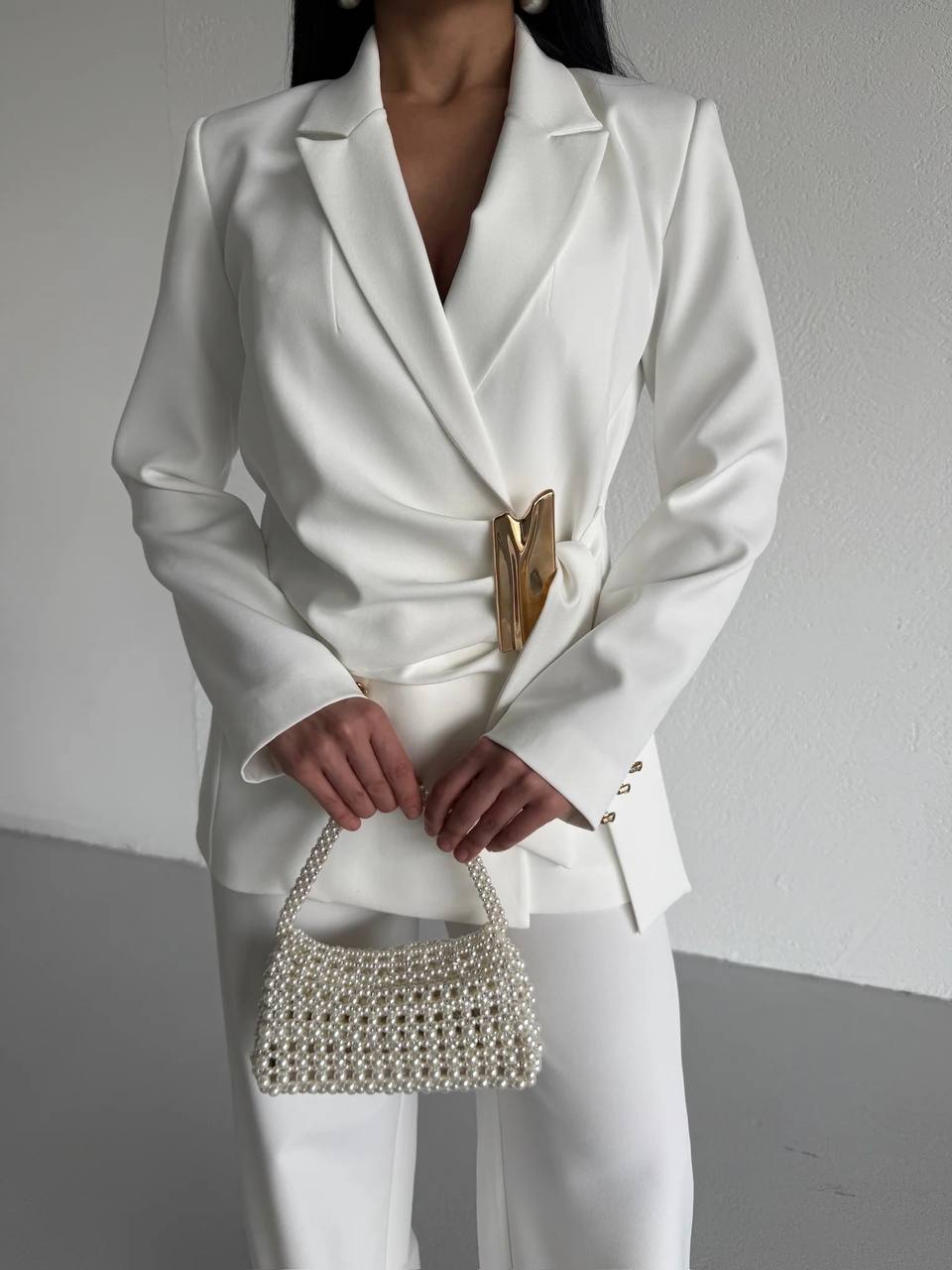 Ivory Wrap Blazer With Statement Gold Clasp (D7210)