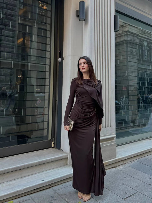 Midnight Cape-Sleeve Gathered Maxi Dress (D4236)