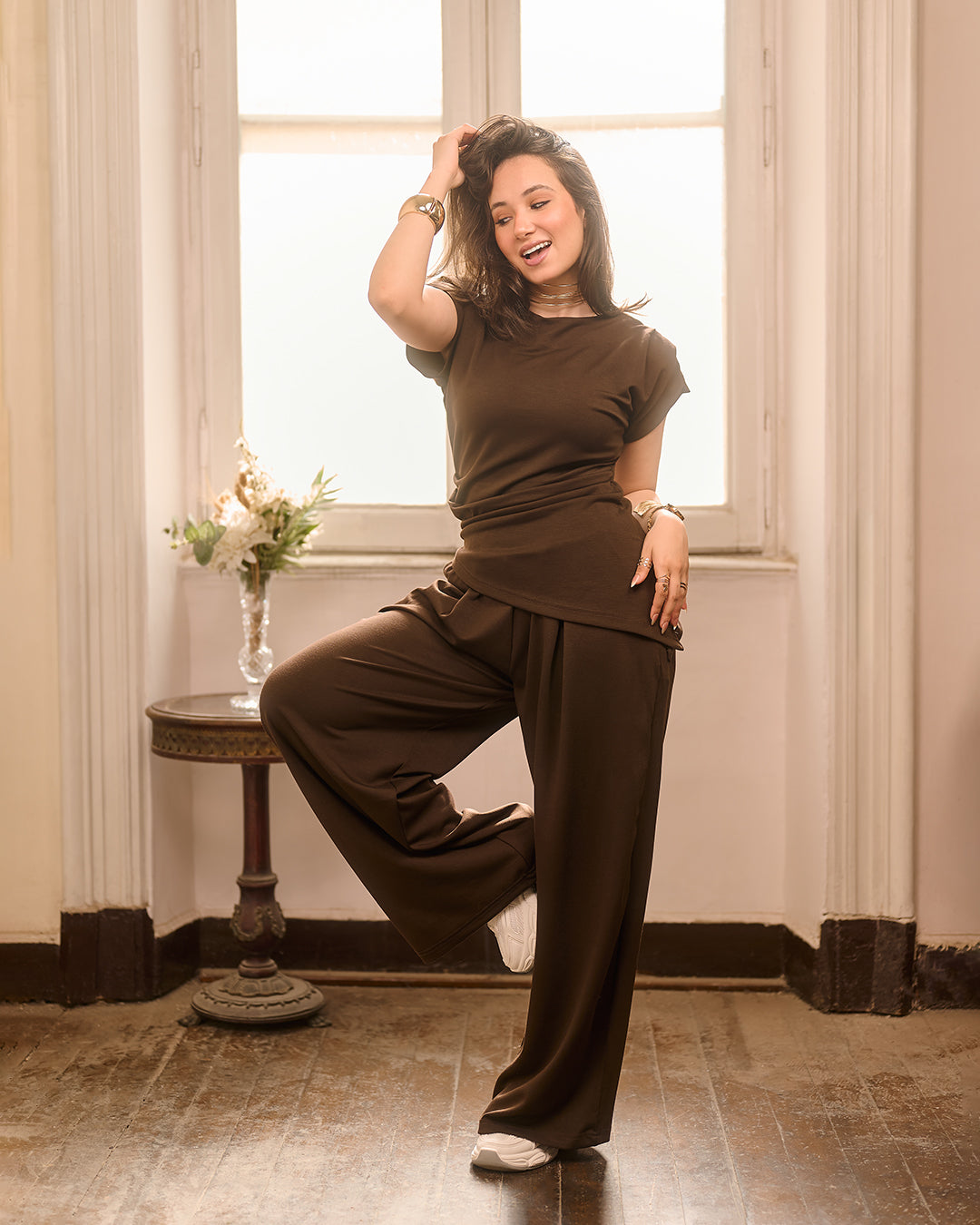 Minimal Draped Tee & Palazzo Matching Set (M261440)