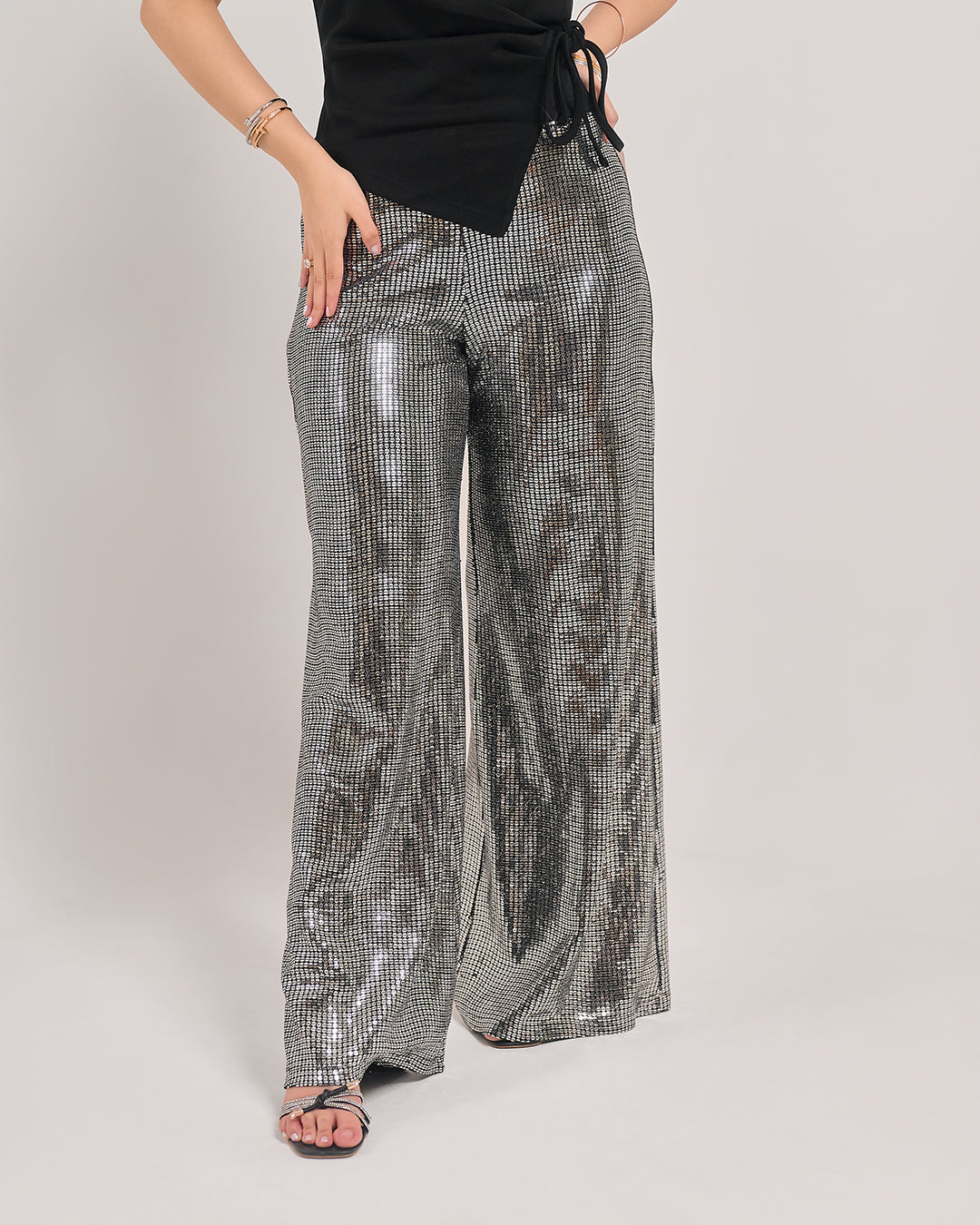 Metallic Shimmer High-Waist Flare Trousers