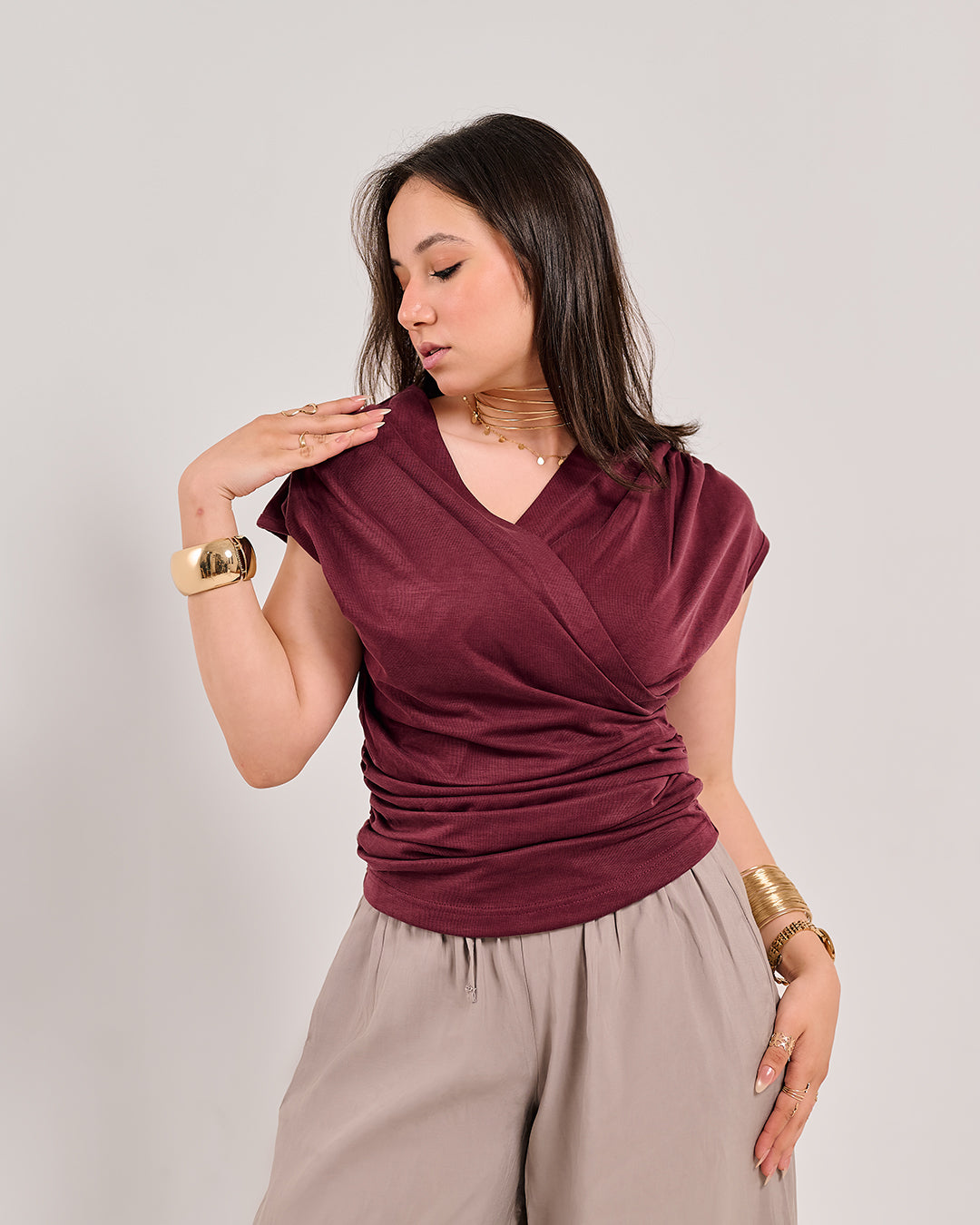 Wrap V-Neck Ruched Sleeveless Top M26-1059