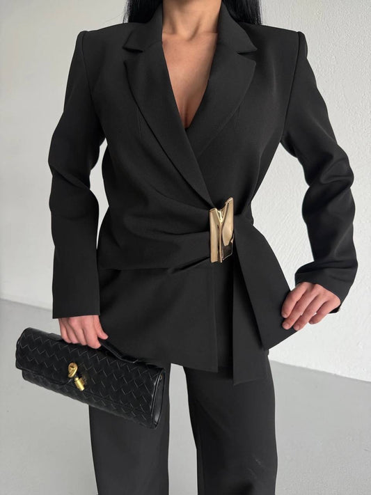 Ivory Wrap Blazer With Statement Gold Clasp (D7210)