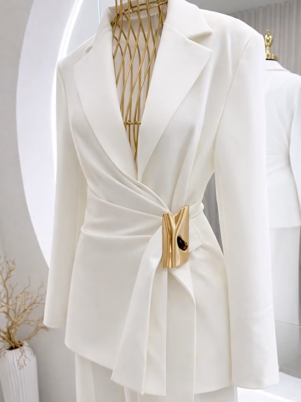 Ivory Wrap Blazer With Statement Gold Clasp (D7210)