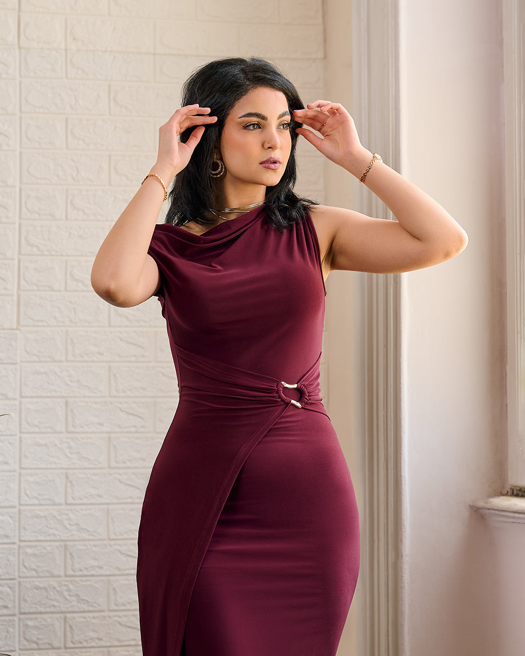 Draped Midi Dress – Sculpted Minimal Elegance (D4216)