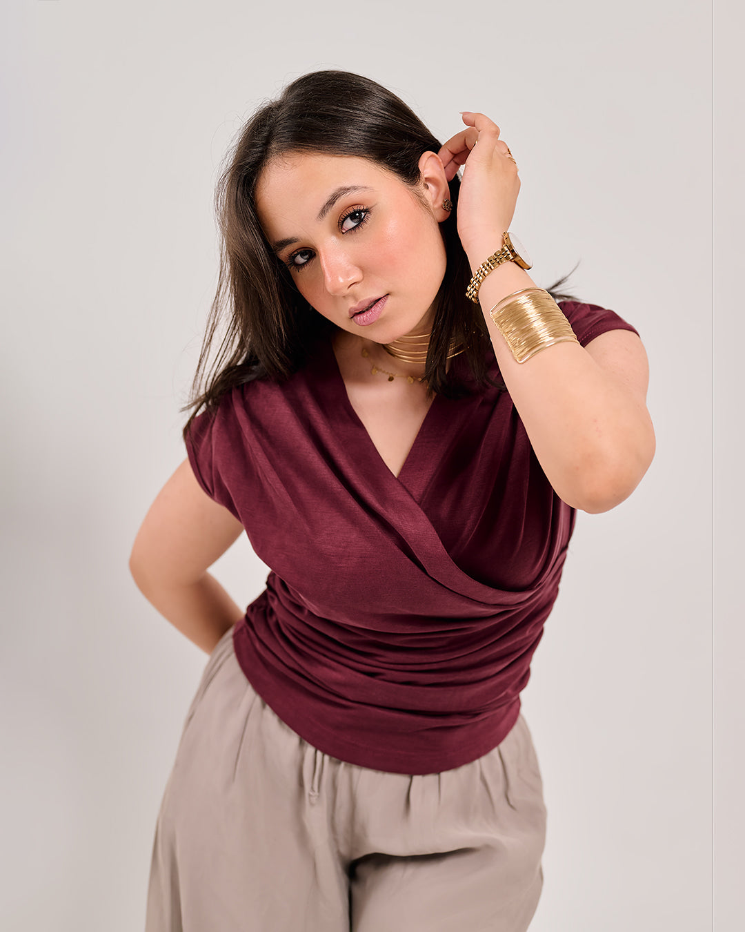 Wrap V-Neck Ruched Sleeveless Top M26-1059