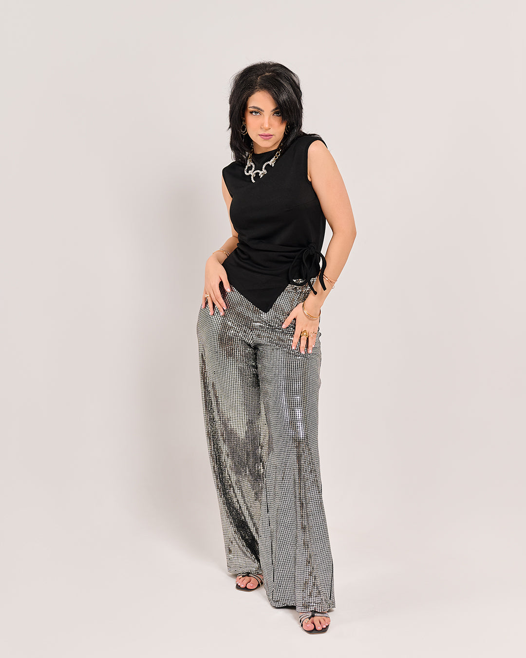 Metallic Shimmer High-Waist Flare Trousers