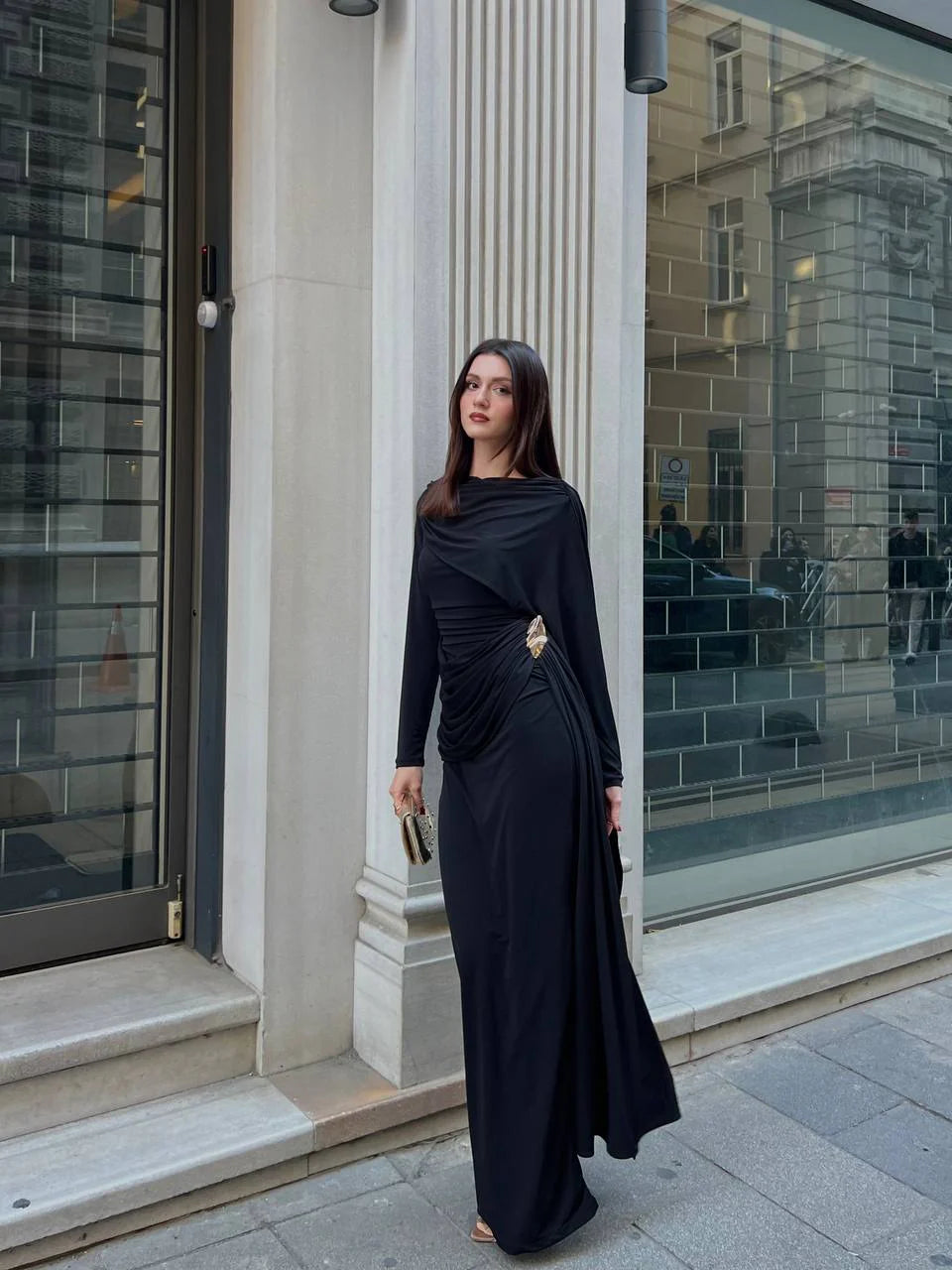 Midnight Cape-Sleeve Gathered Maxi Dress (D4236)