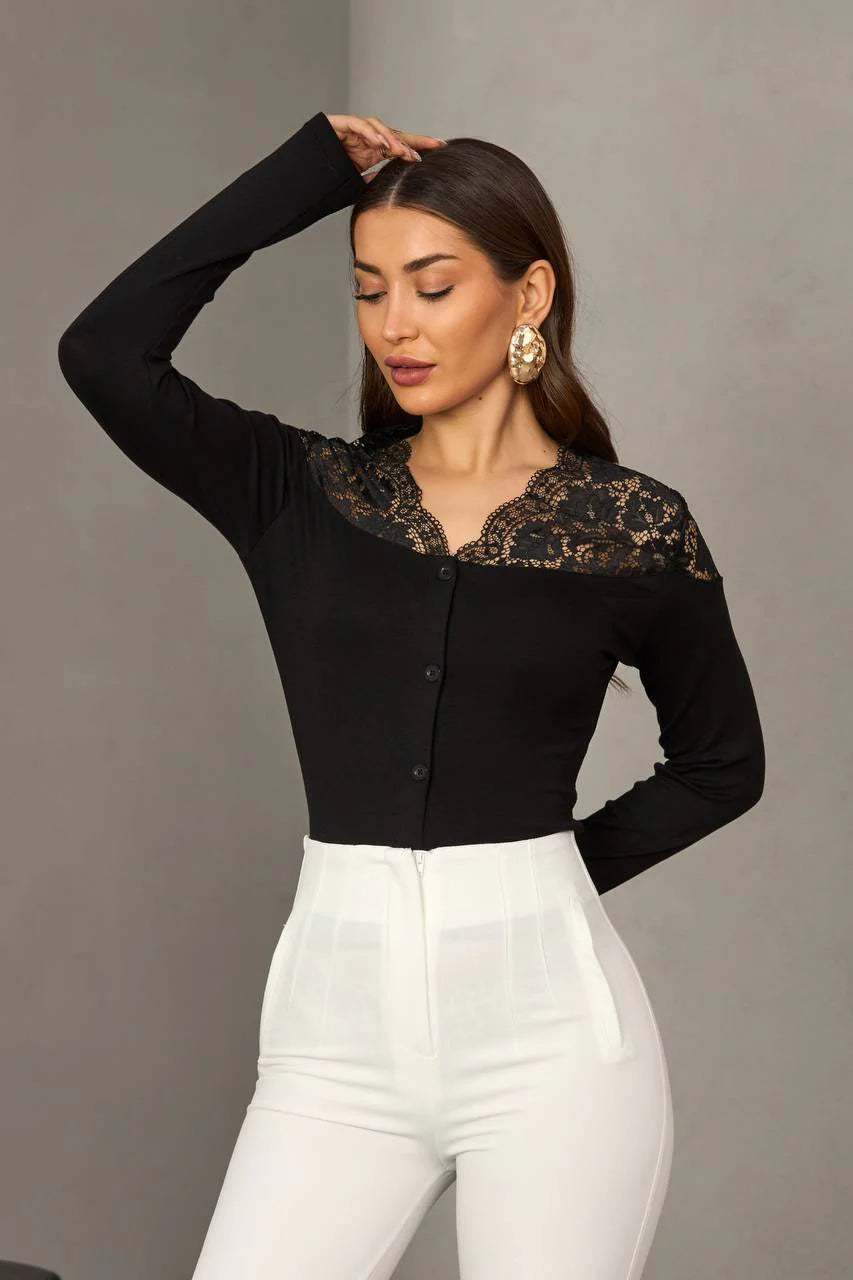 Elegant Lace Yoke Stretch Button Top (D1205)