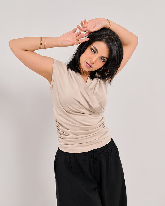 Wrap V-Neck Ruched Sleeveless Top M26-1059