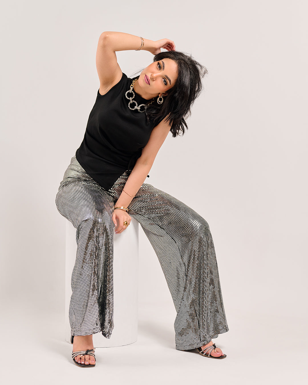Metallic Shimmer High-Waist Flare Trousers