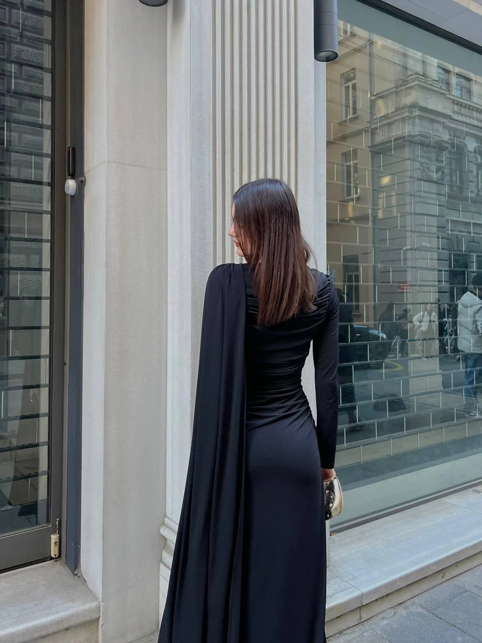 Midnight Cape-Sleeve Gathered Maxi Dress (D4236)