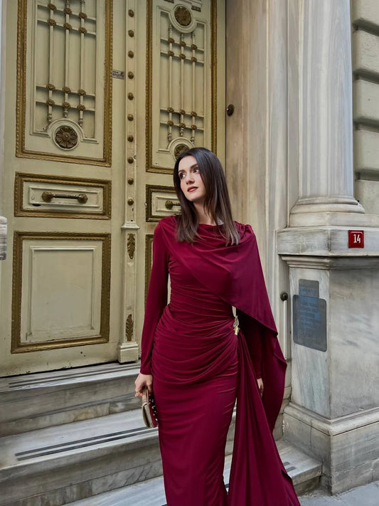 Midnight Cape-Sleeve Gathered Maxi Dress (D4236)