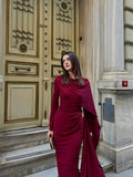 Midnight Cape-Sleeve Gathered Maxi Dress (D4236)