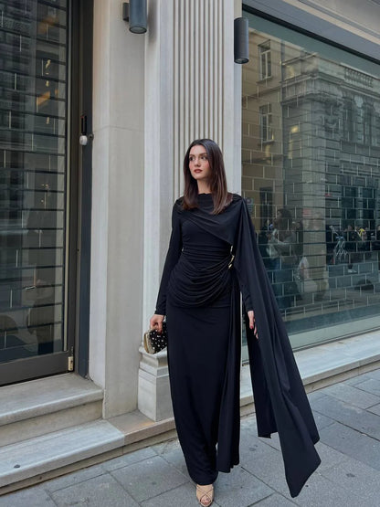 Midnight Cape-Sleeve Gathered Maxi Dress (D4236)